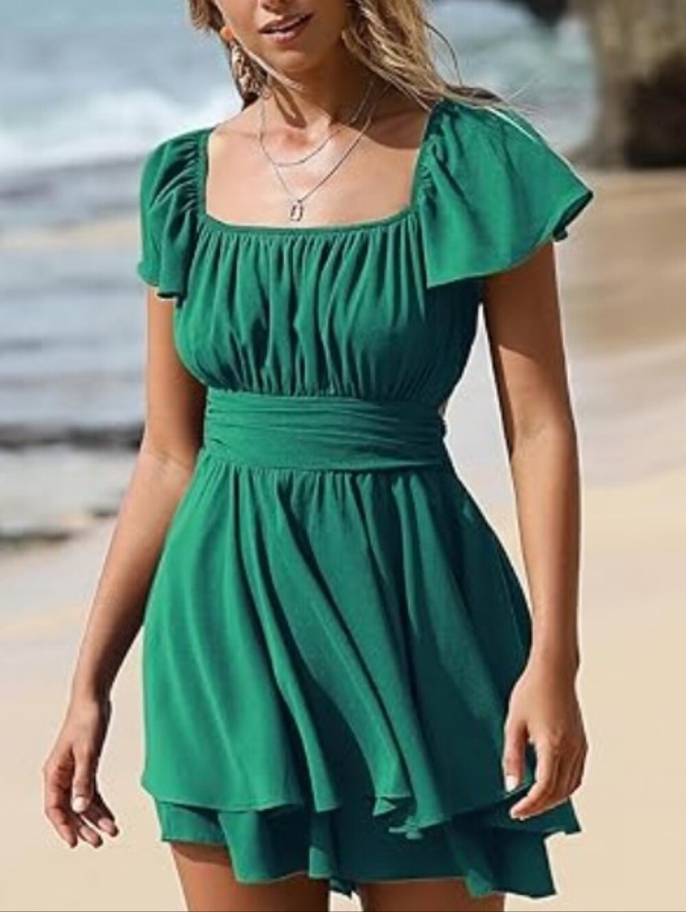 Exlura Green Women's Square-Neck Summer Ruffle Short Sleeve Tie Back Size M